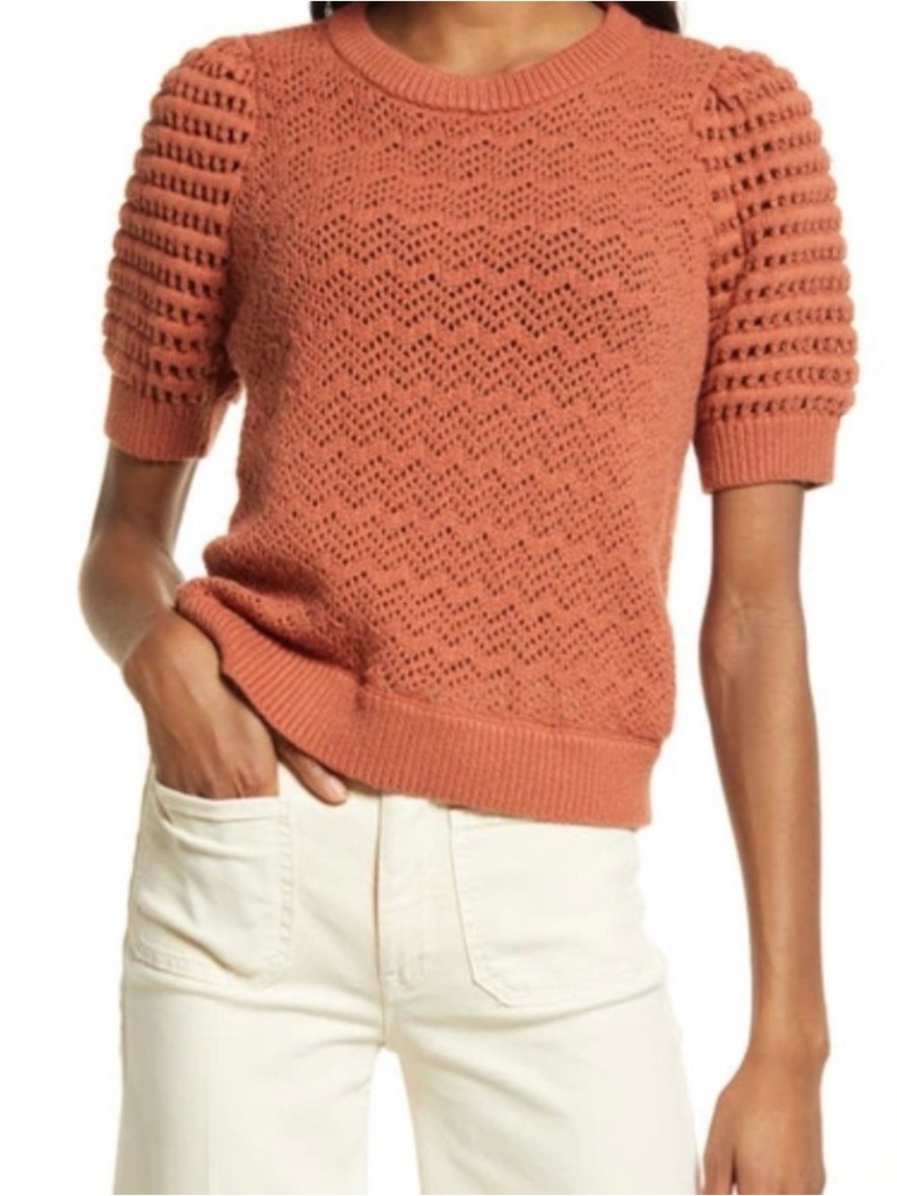Madewell Atwater Crochet Sweater Tee puff sleeve cream Orange xl